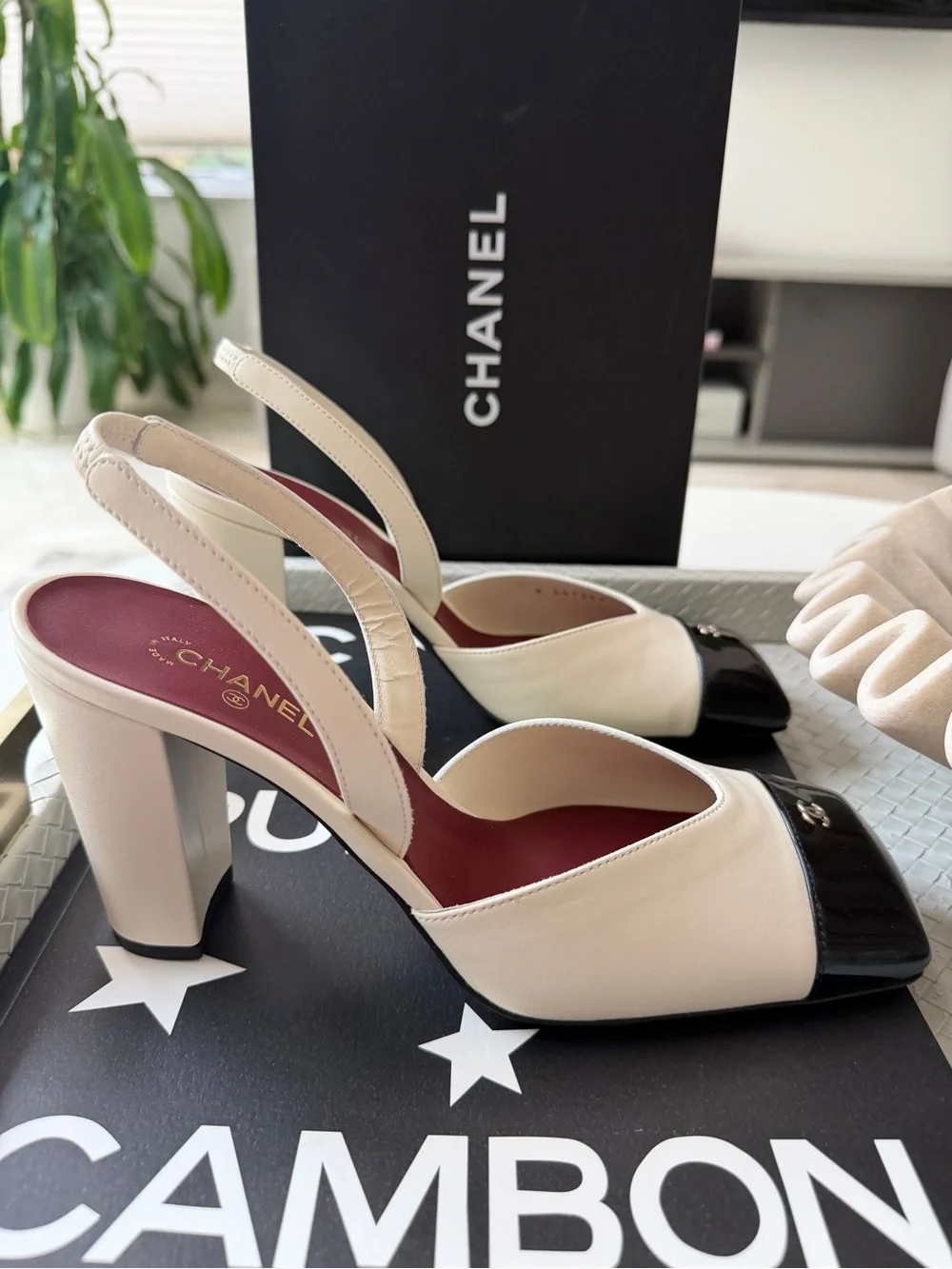 Chanel 26S Blazy Ivory Ecru Black Square Cap Toe Sling CC Slingback Heel Pump 40
